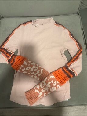 Free People Pink Crew Neck Sweater with Orange & Brown Accent Sleeves